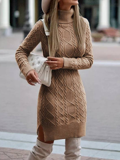 Women's Winter Turtleneck Tight Fit Sexy Hip-Wrap Wool Sweater Dress
