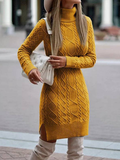 Women's Winter Turtleneck Tight Fit Sexy Hip-Wrap Wool Sweater Dress