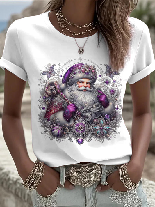 Womens' Christmas Santa Claus Printed Vintage Fashion Loose Short Sleeve T-Shirt