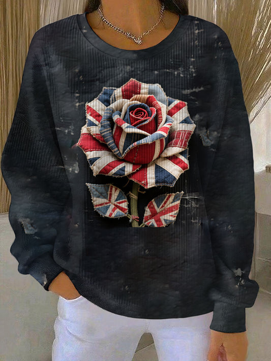 Women's British Rose Printed Ribbed Round-Neck Sweatshirt