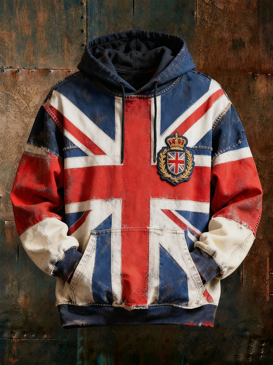 Men's Vintage England Flag Oversized Drop-Shoulder Hoodie with Pockets
