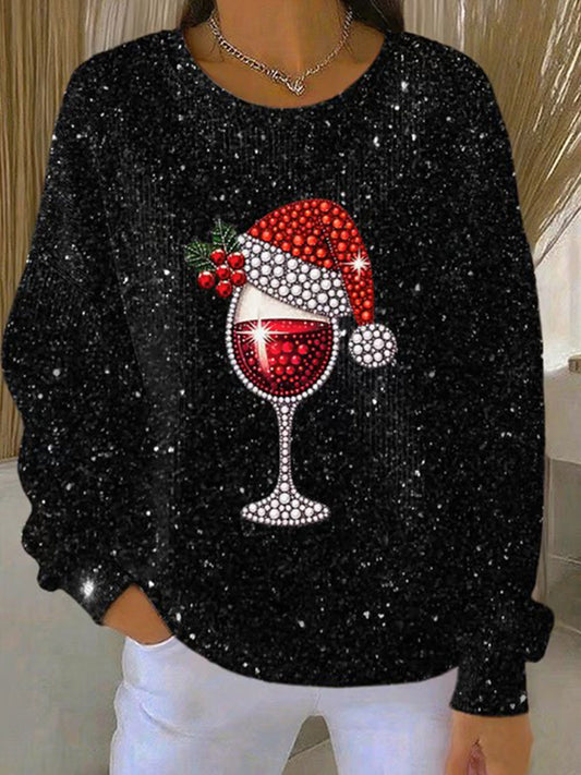 Women's Christmas Red Wine Glass Ribbed Round-Neck Sweatshirt