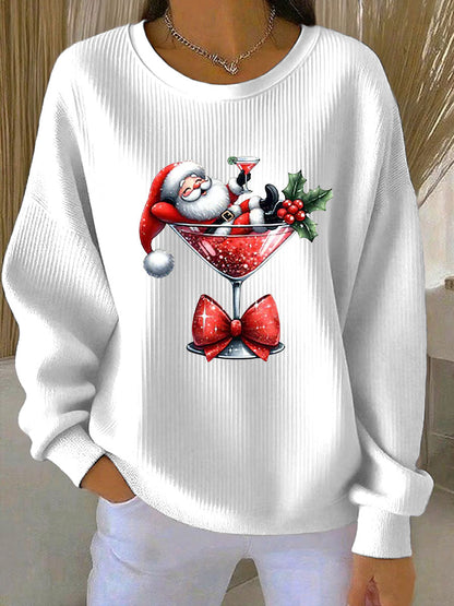 Women's Santa Claus Printed Ribbed Round-Neck Sweatshirt