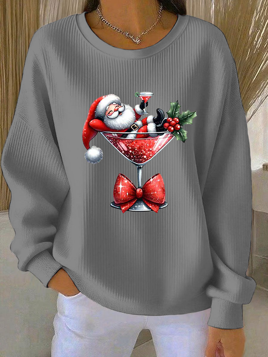 Women's Santa Claus Printed Ribbed Round-Neck Sweatshirt