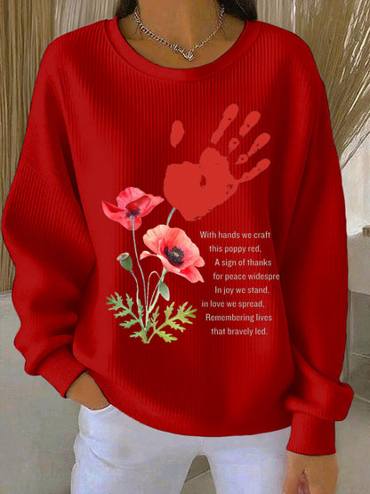 Women's Remembrance Day poppy print Ribbed Round-Neck Sweatshirt
