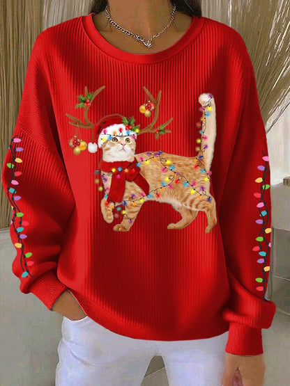 Women's Cat wearing Santa hat Printed Tops