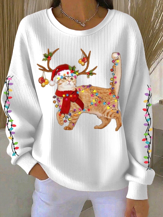 Women's Cat wearing Santa hat Printed Tops