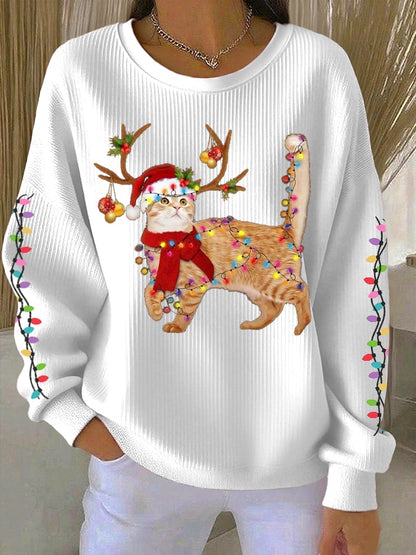 Women's Cat wearing Santa hat Printed Tops