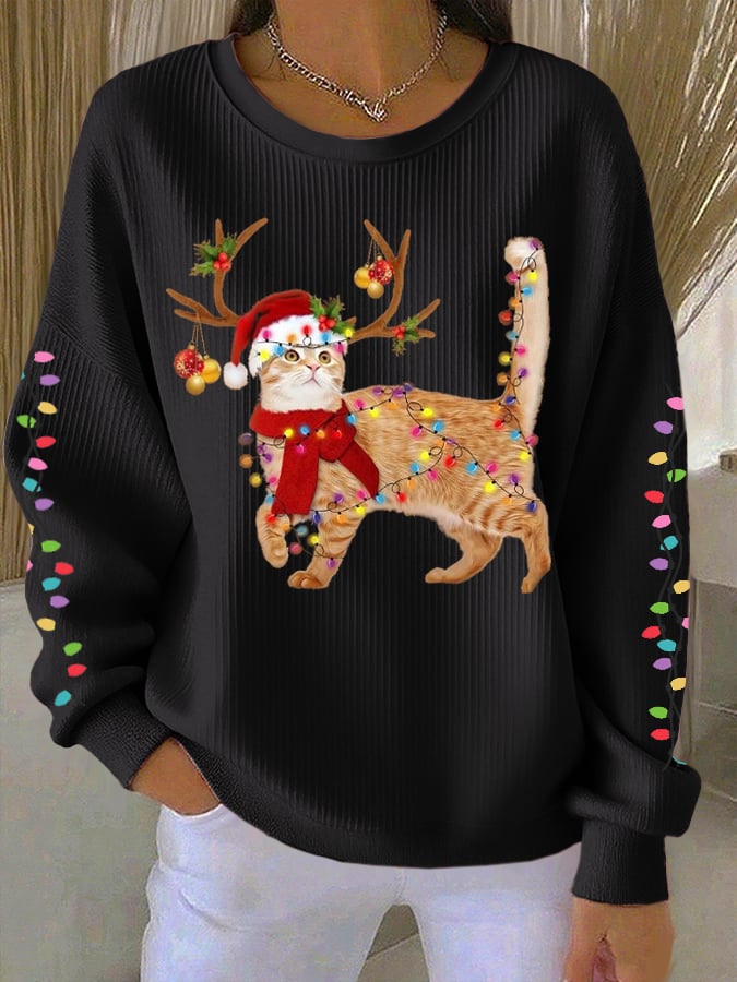 Women's Cat wearing Santa hat Printed Tops