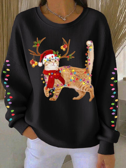 Women's Cat wearing Santa hat Printed Tops