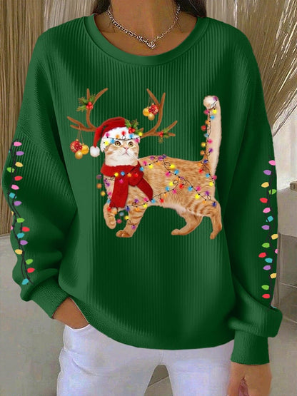 Women's Cat wearing Santa hat Printed Tops
