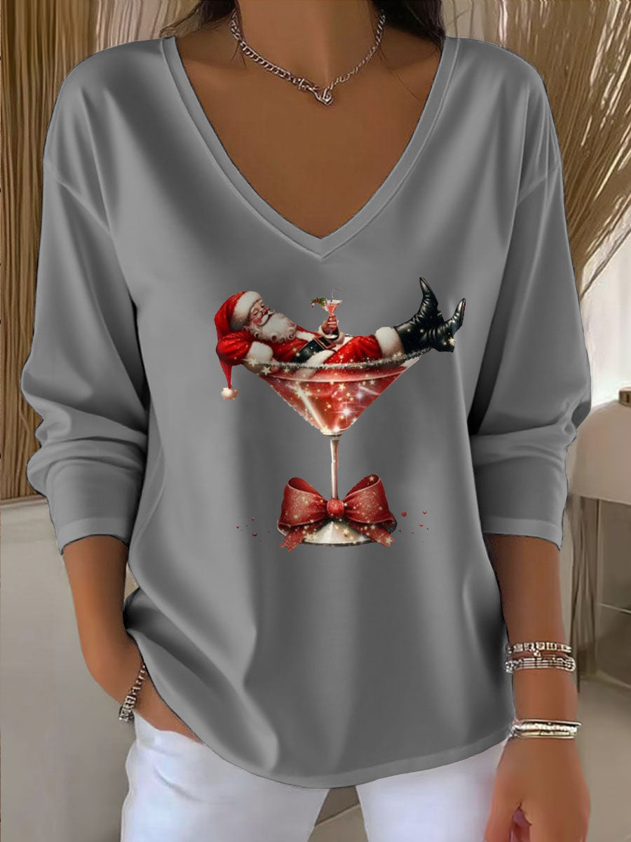 Women's Santa Claus Printed V-Neck T-Shirt