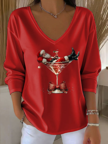 Women's Santa Claus Printed V-Neck T-Shirt