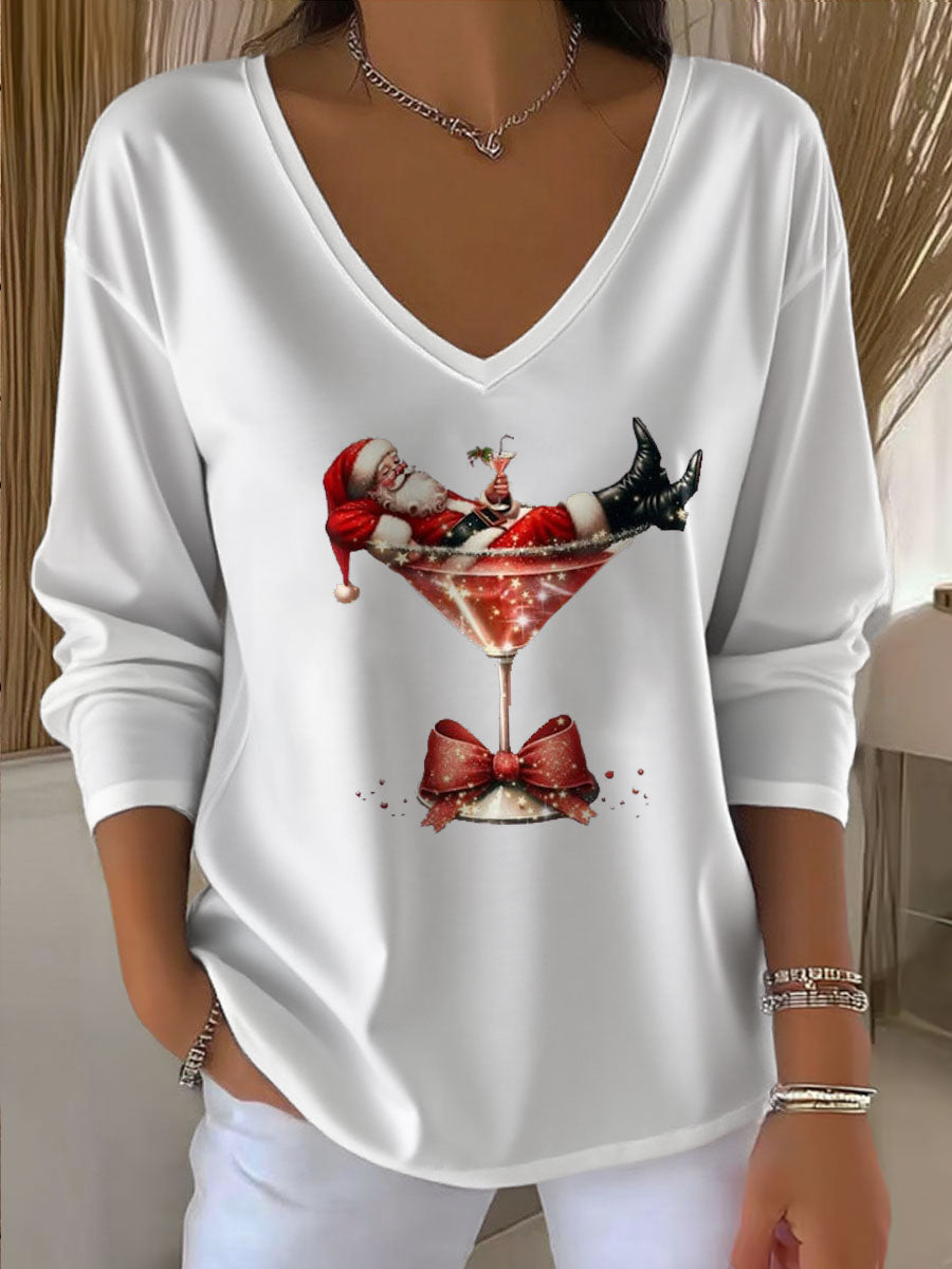 Women's Santa Claus Printed V-Neck T-Shirt