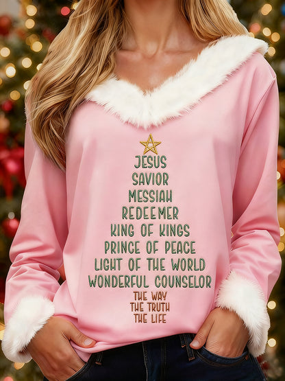 Women's Jesus Savior Christmas Tree Print Casual Fur-Collar Top