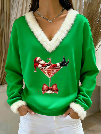 Women's Santa Claus sitting on a red wine glass printed fur collar top