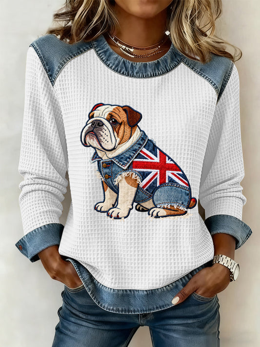 Women's British Style Bulldog Flowers Print Waffle Sweatshirt