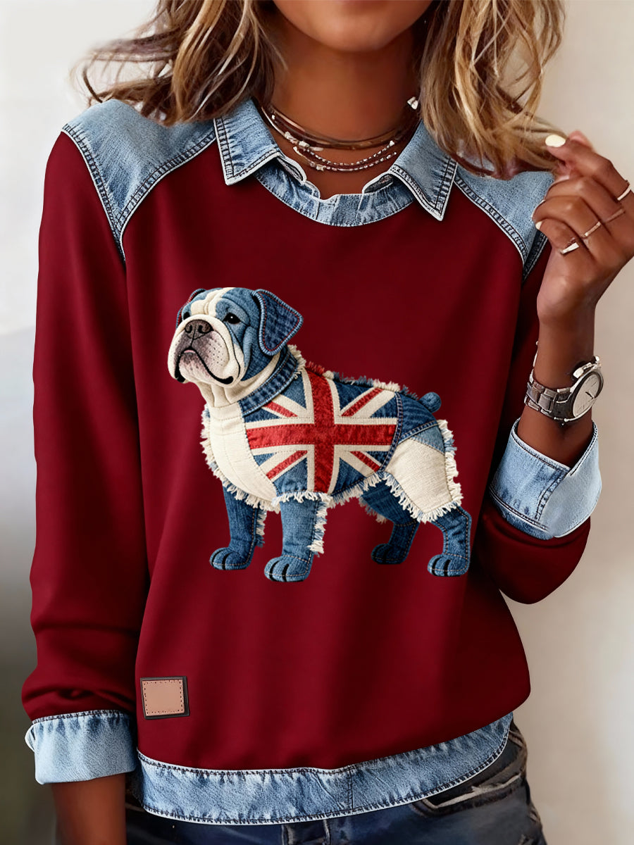 Women's British Style Bulldog Labrador Print Casual Top