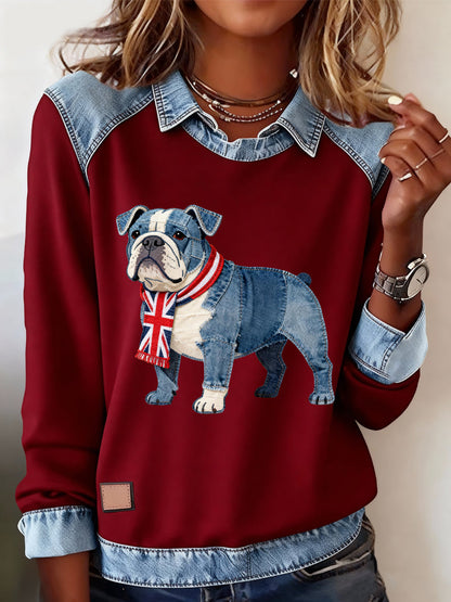 Women's British Style Bulldog Print Casual Top