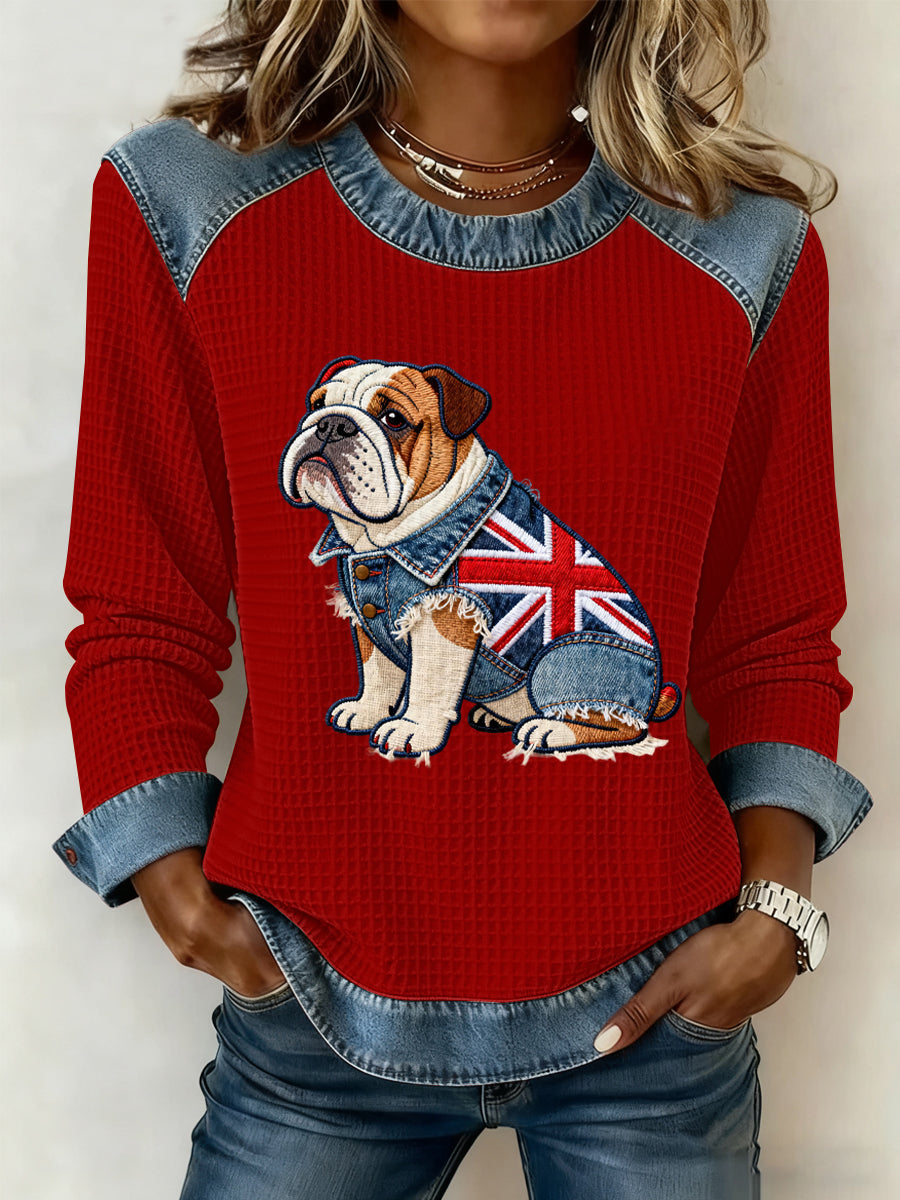 Women's British Style Bulldog Flowers Print Waffle Sweatshirt