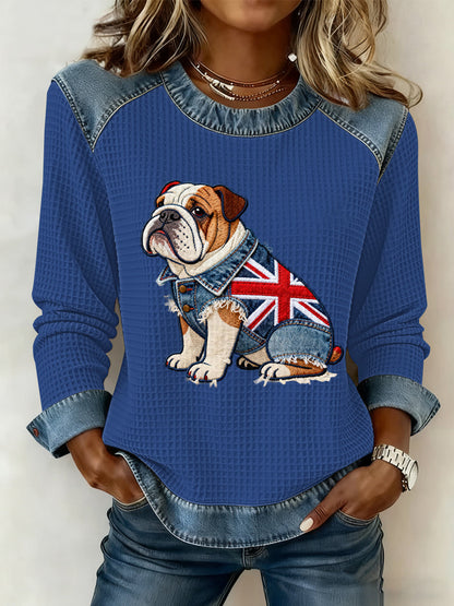 Women's British Style Bulldog Flowers Print Waffle Sweatshirt
