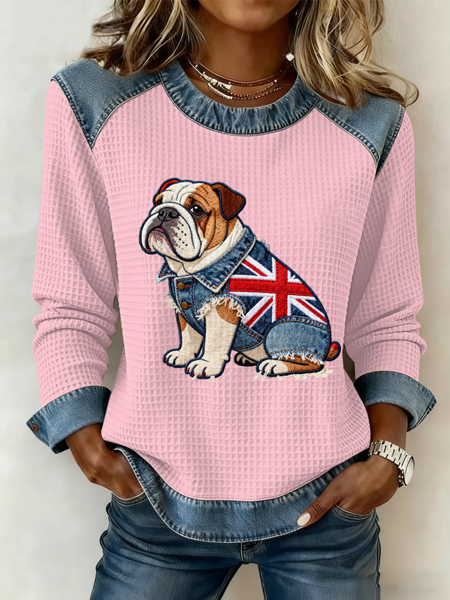 Women's British Style Bulldog Flowers Print Waffle Sweatshirt