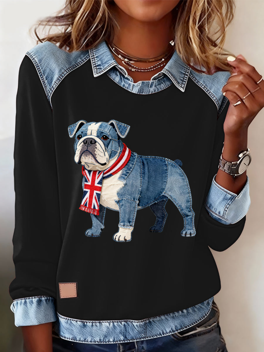 Women's British Style Bulldog Print Casual Top