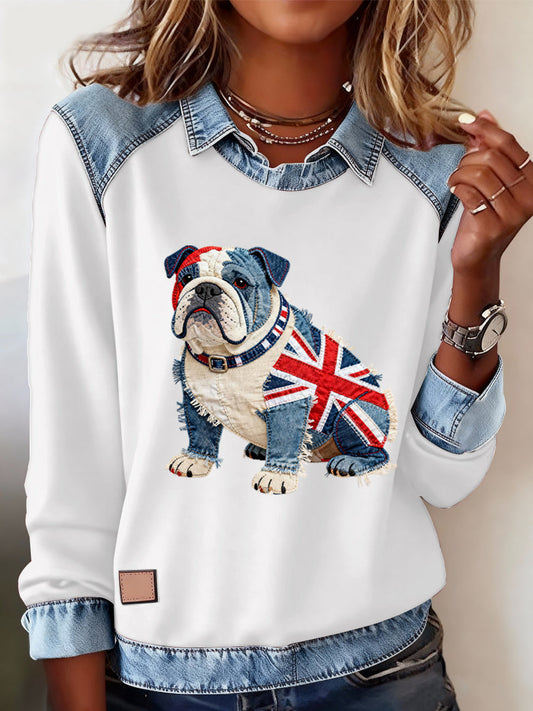 Women's British Style Bulldog Print Casual Top