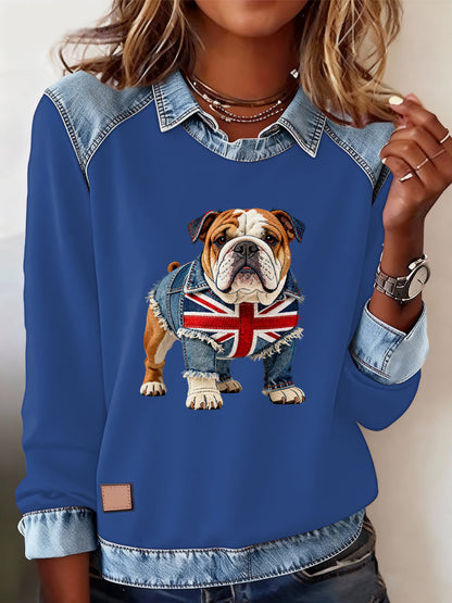 Women's British Style Bulldog Labrador Print Casual Top