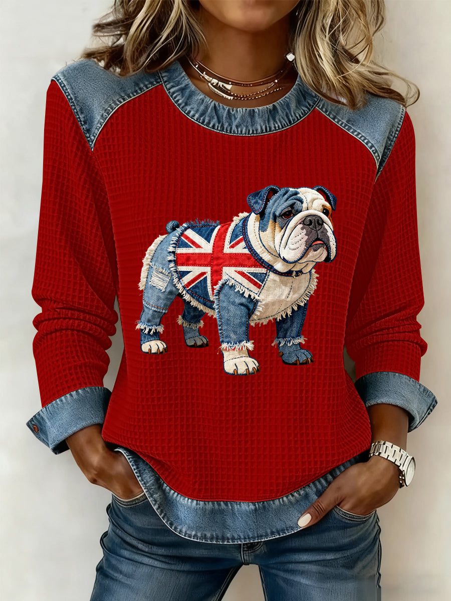 Women's British Style Bulldog Flowers Print Waffle Sweatshirt