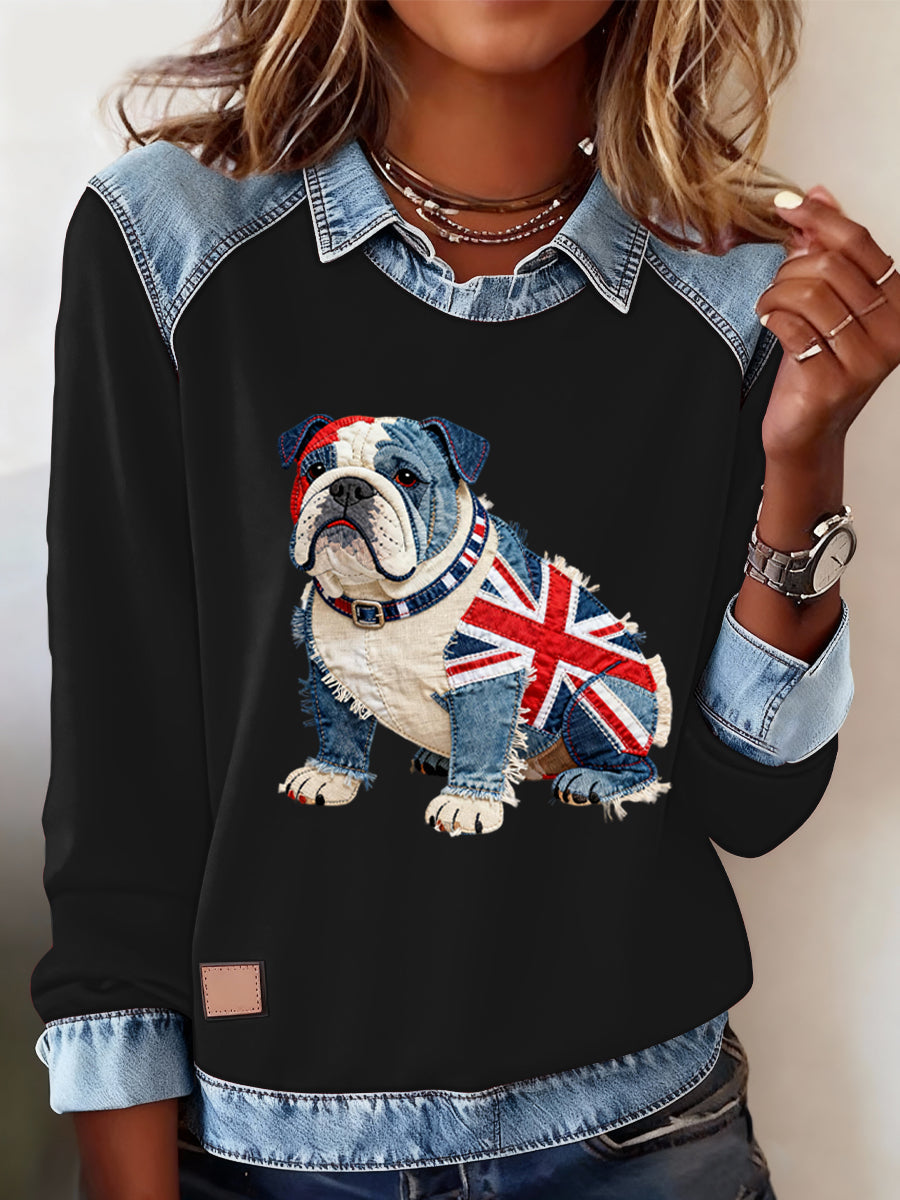 Women's British Style Bulldog Print Casual Top