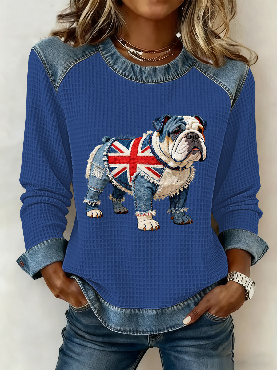 Women's British Style Bulldog Flowers Print Waffle Sweatshirt