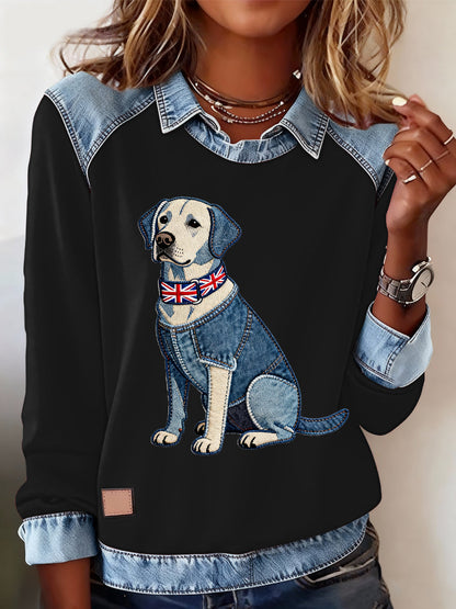 Women's British Style Labrador Labrador Print Casual Top
