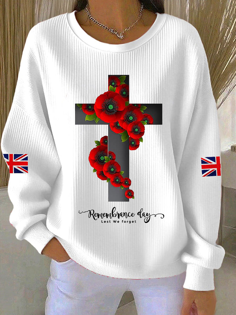 Women's Remembrance Day Lest We Forget Cross Ribbed Round-Neck Sweatshirt