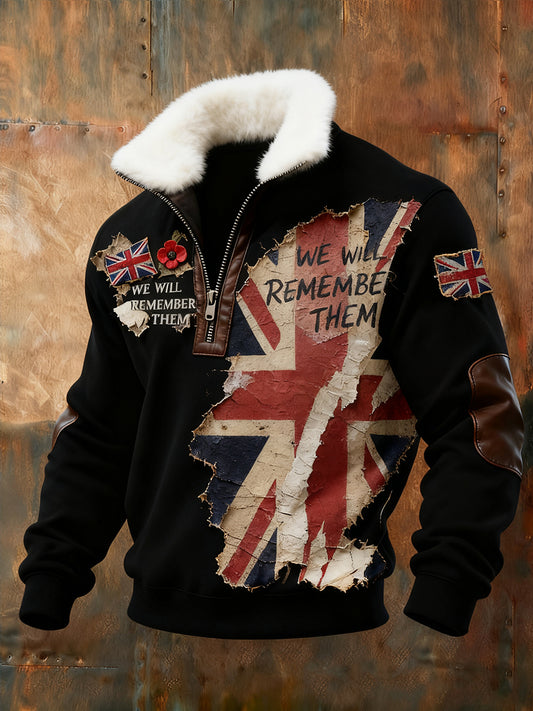 Men's Memorial Day "Forget Me Not" Poppy Fur Collar Sweatshirt