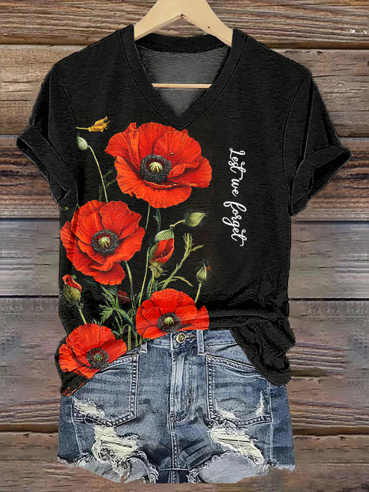 Women's Remembrance Day Poppy Floral Printed T-shirt