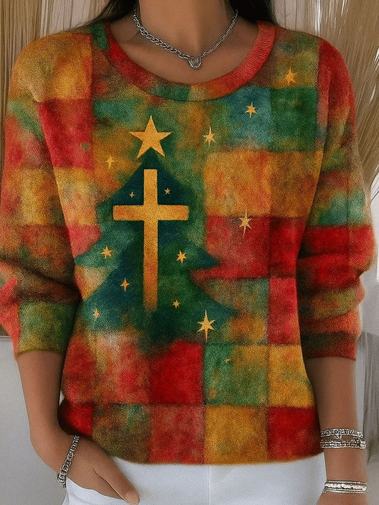Women's Retro Christmas Tree Faith Print  Long Sleeve Shirt