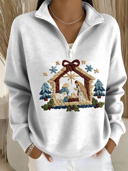 Women's Nativity Print Casual Zip-Up Top