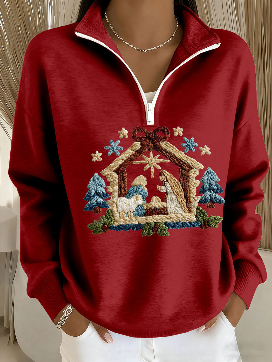 Women's Nativity Print Casual Zip-Up Top