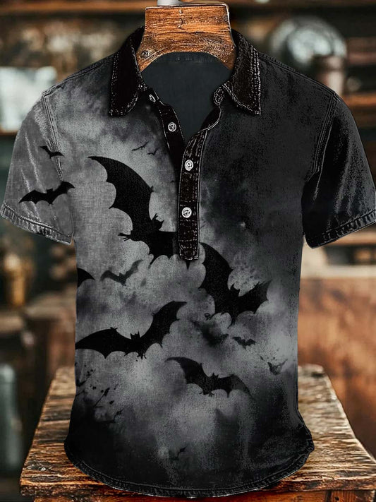Halloween Dark Bat Print Casual Short Sleeve Polo Shirt