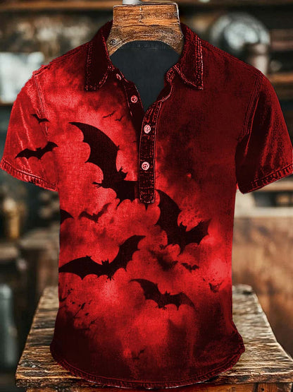 Halloween Dark Bat Print Casual Short Sleeve Polo Shirt