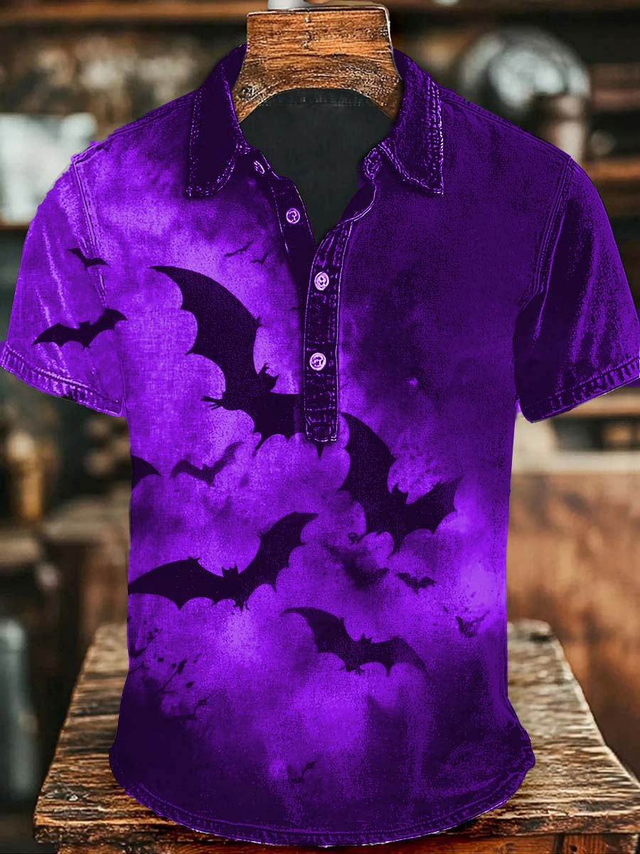 Halloween Dark Bat Print Casual Short Sleeve Polo Shirt