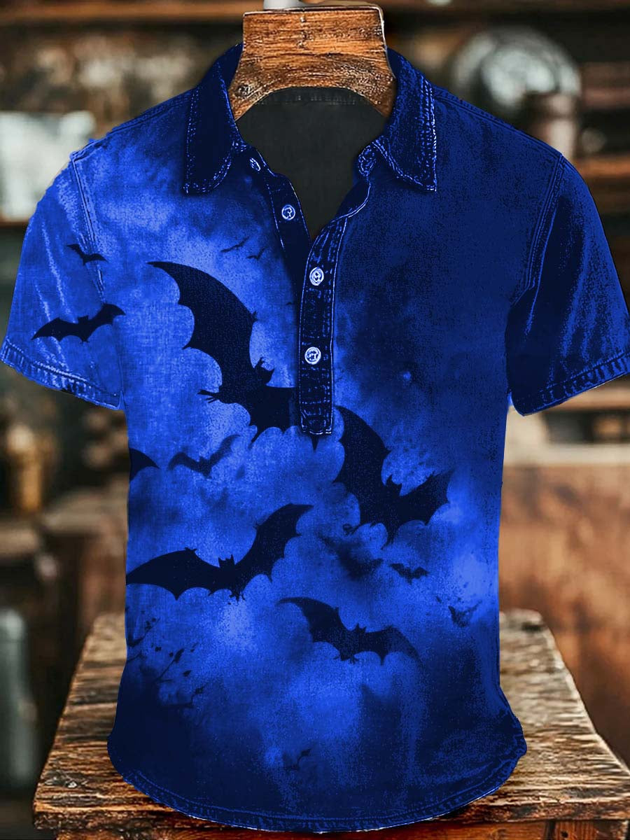 Halloween Dark Bat Print Casual Short Sleeve Polo Shirt
