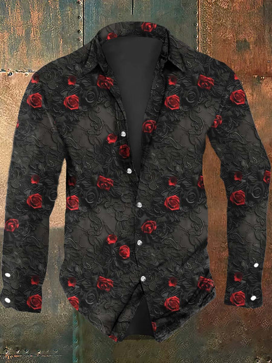 Men's Gothic Rose Print Long Sleeve Shirt