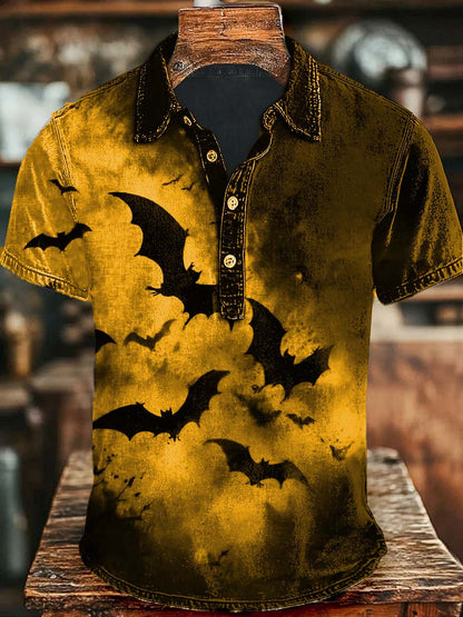 Halloween Dark Bat Print Casual Short Sleeve Polo Shirt