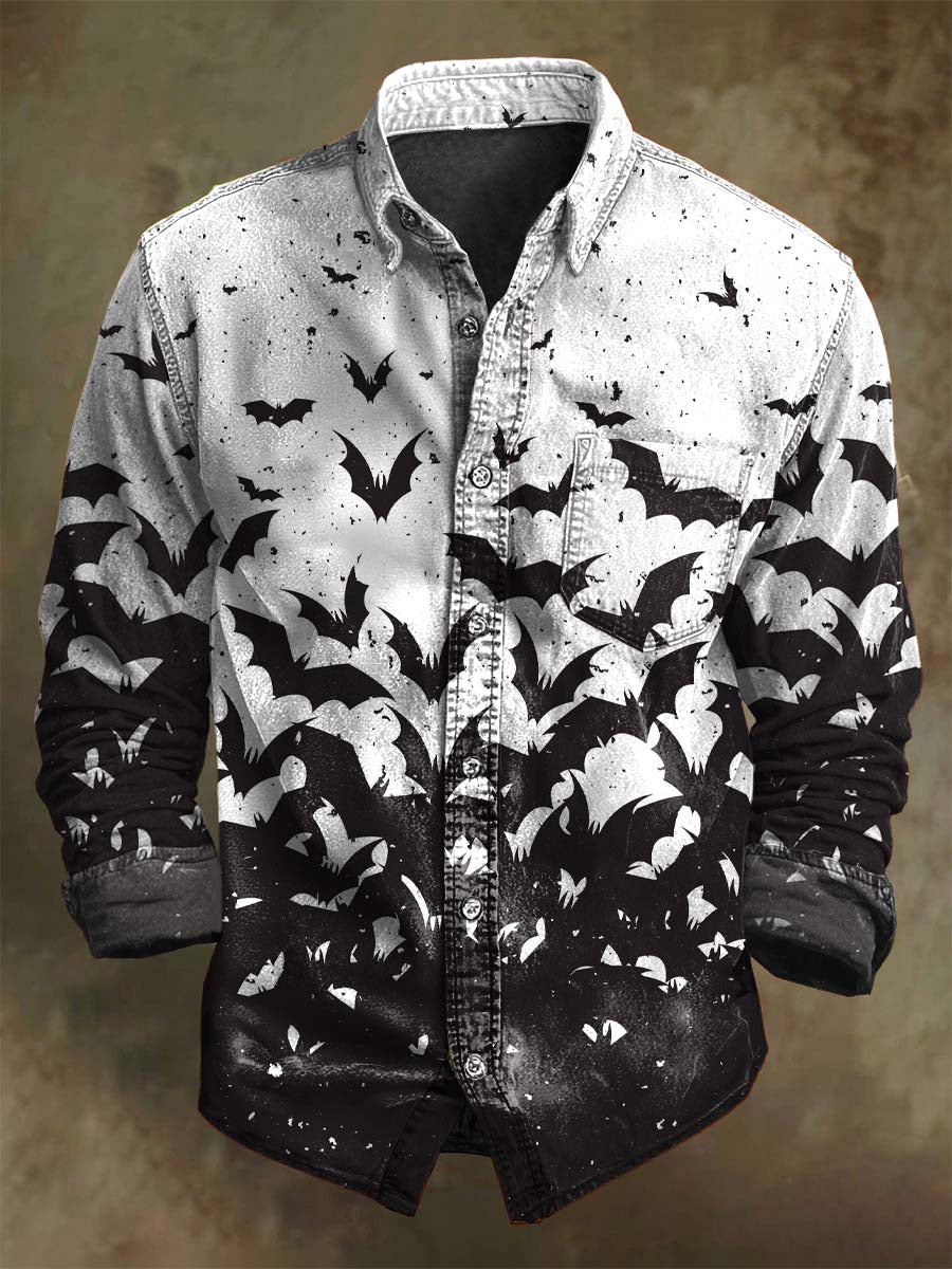 Halloween Gradient Bat Print Casual Long-Sleeve Shirt