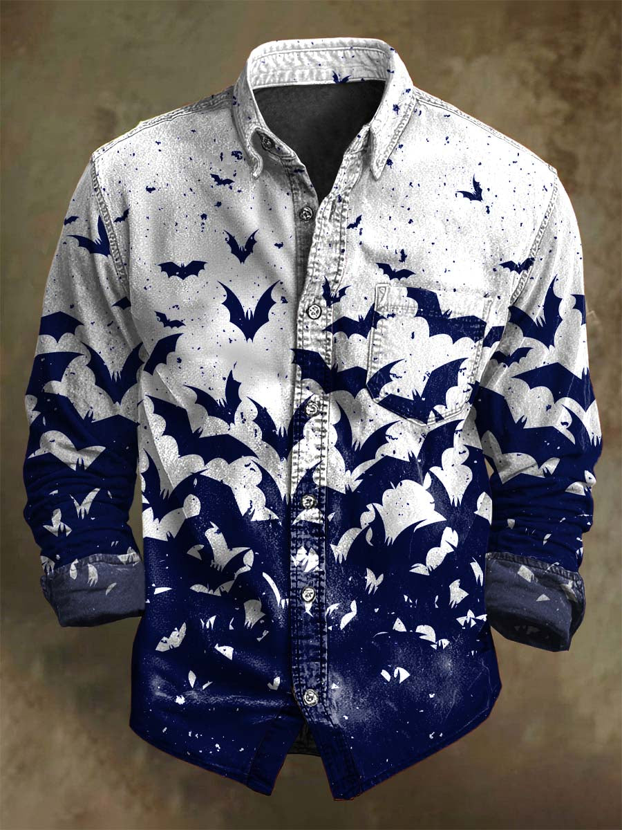 Halloween Gradient Bat Print Casual Long-Sleeve Shirt