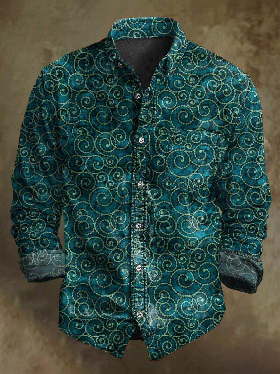 Vintage Abstract Swirl Print Casual Long Sleeve Shirt