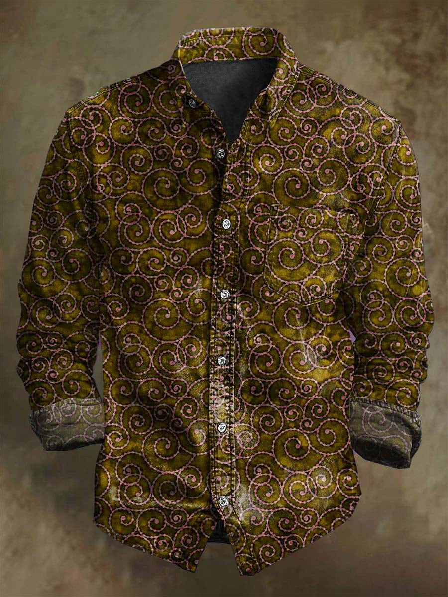 Vintage Abstract Swirl Print Casual Long Sleeve Shirt