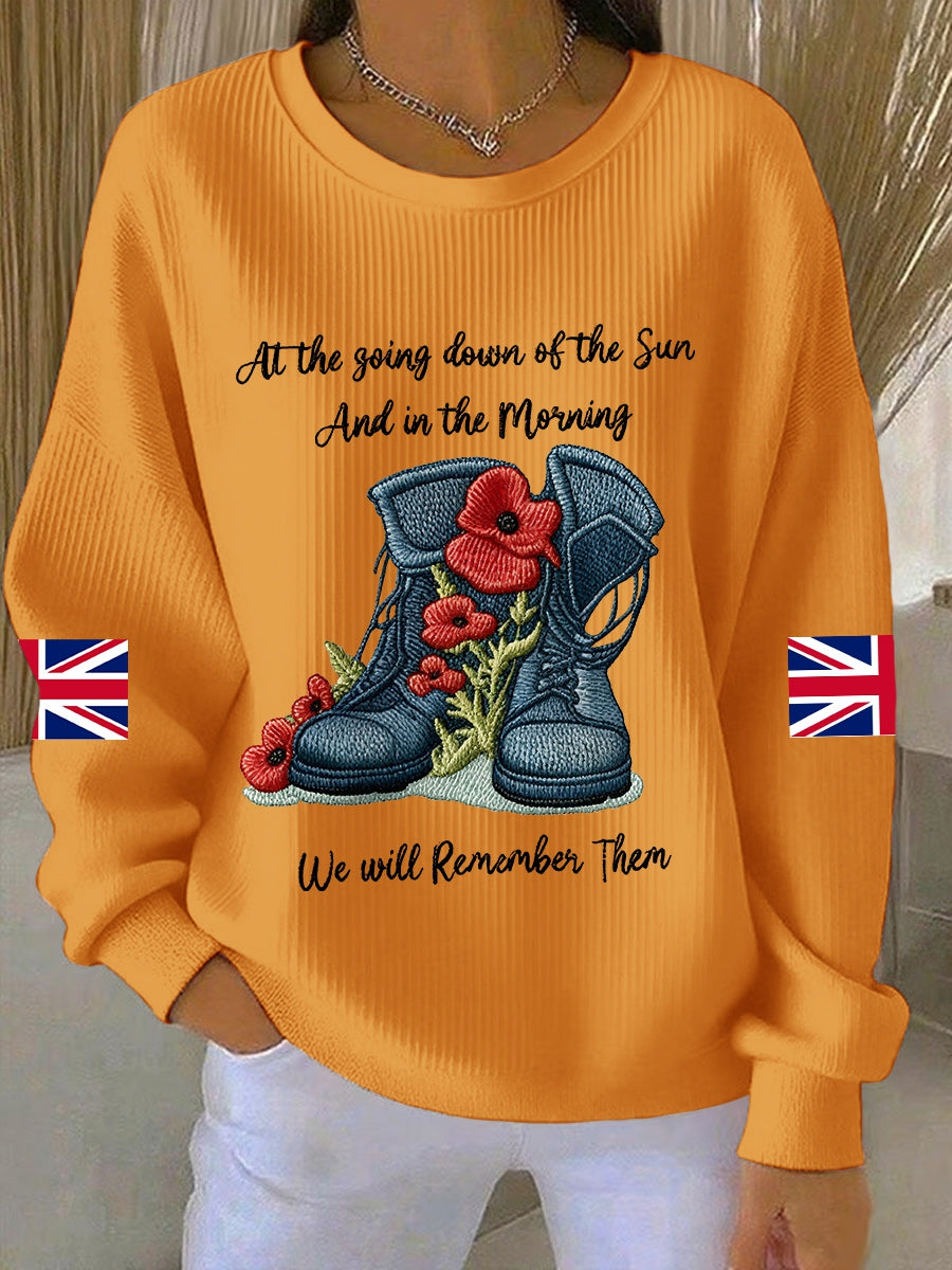 Women's 11th November Remembrance Day LEST WE'S FORGET Poppy Remembrance Ribbed Round-Neck Sweatshirt